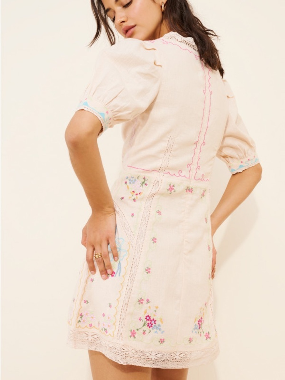 Anthropologie Pink Floral Embroidered Linen Blend V Neck Mini Dress 6 NWOT - Picture 2 of 11